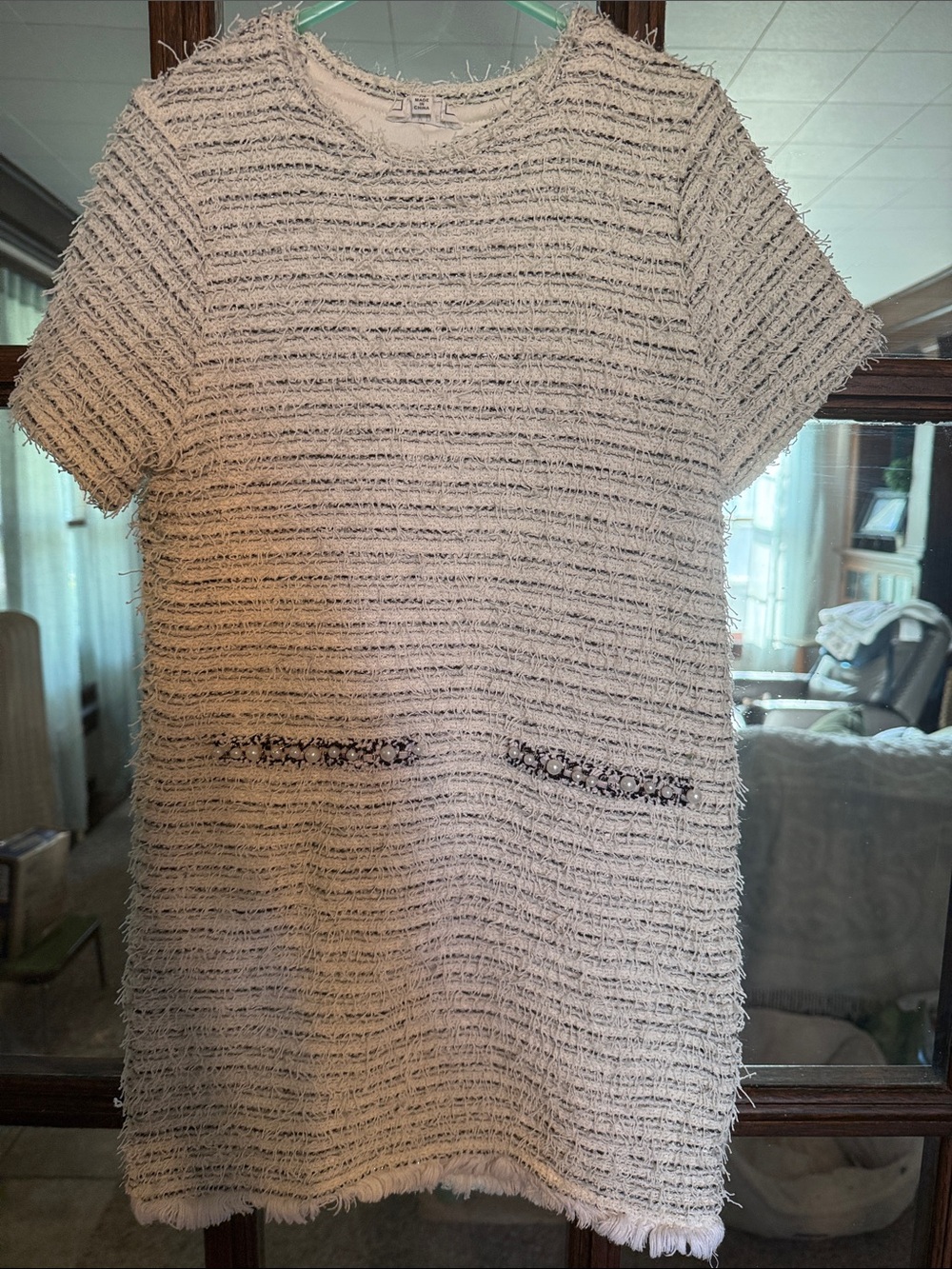 Hayden Cream Bouclé Short-Sleeve Tunic with Pocket Trim